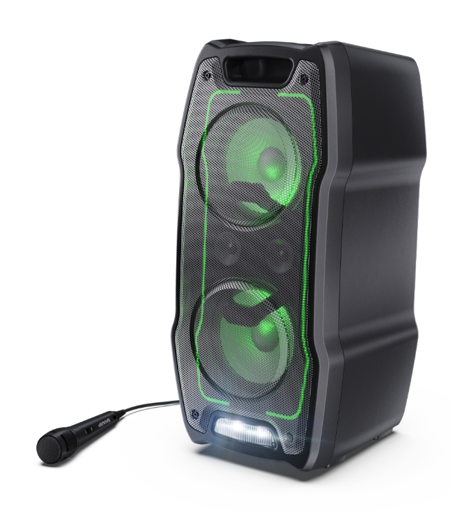 Sharp Speakers PS-931, Xparty SING Party  2x6.5" speaker drivers + 2x2" tweeters, max 180 W, 13h play time by built in battery, Splashproof (IPX4), True wireless Stereo, 3.5mm Aux-in and USB MP3 playback with charging, BT 5.3
