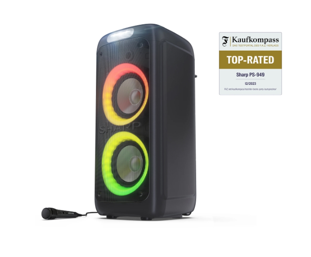 Sharp Speakers PS-949, XPARTY STREET BEAT  2 x 8" woofers + horn tweeter, max power output 132 W, 12 h play time by built in battery, True wireless Stereo, USB Music playback and charging, DJ FX, BT 5.0, 2 x Mic/Guitar inputs, Splashproof (IPX4), Black