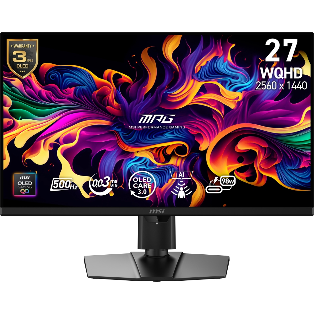 MSI MPG 271QR QD-OLED X50 Gaming Monitor, 26.5", 0.03ms, 500Hz, 2560x1440, G-SYNC, AMD FreeSync Premium Pro, AI Vision, Console Mode, ClearMR 21000, HDR True Black 500, Type-C(98W PD), DP(2.1a), 2xHDMI(2.1), USB Hub, Pivot, Heigh Adj., VESA, Black, 8.4kg