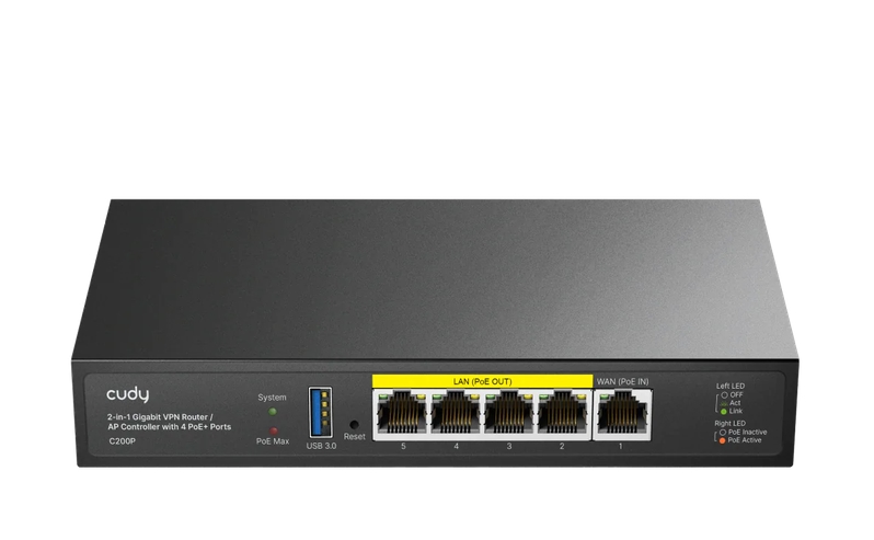 Cudy C200P 2-IN-1 AP Controller, 1 Gigabit Ethernet + 4 Gigabit PoE+ PSE Ports + 1 USB 3.0, PSE output up to 30Watts per port