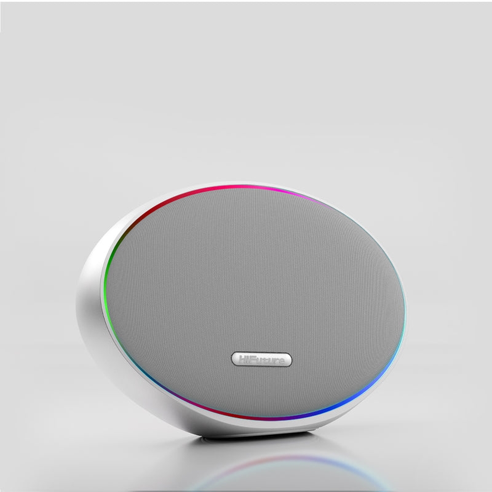 HiFuture ORBIT Silver, 80W Output (Max.power), Built-in Powerful DSP with DynaBoost Technology, Pair to Stereo Sound System (TWS Mode), Wireless 5.4, Orbit Lighting, Aluminum Elegance, Up to 8 Hours Playtime, Support Extension Media Player, Connection: US