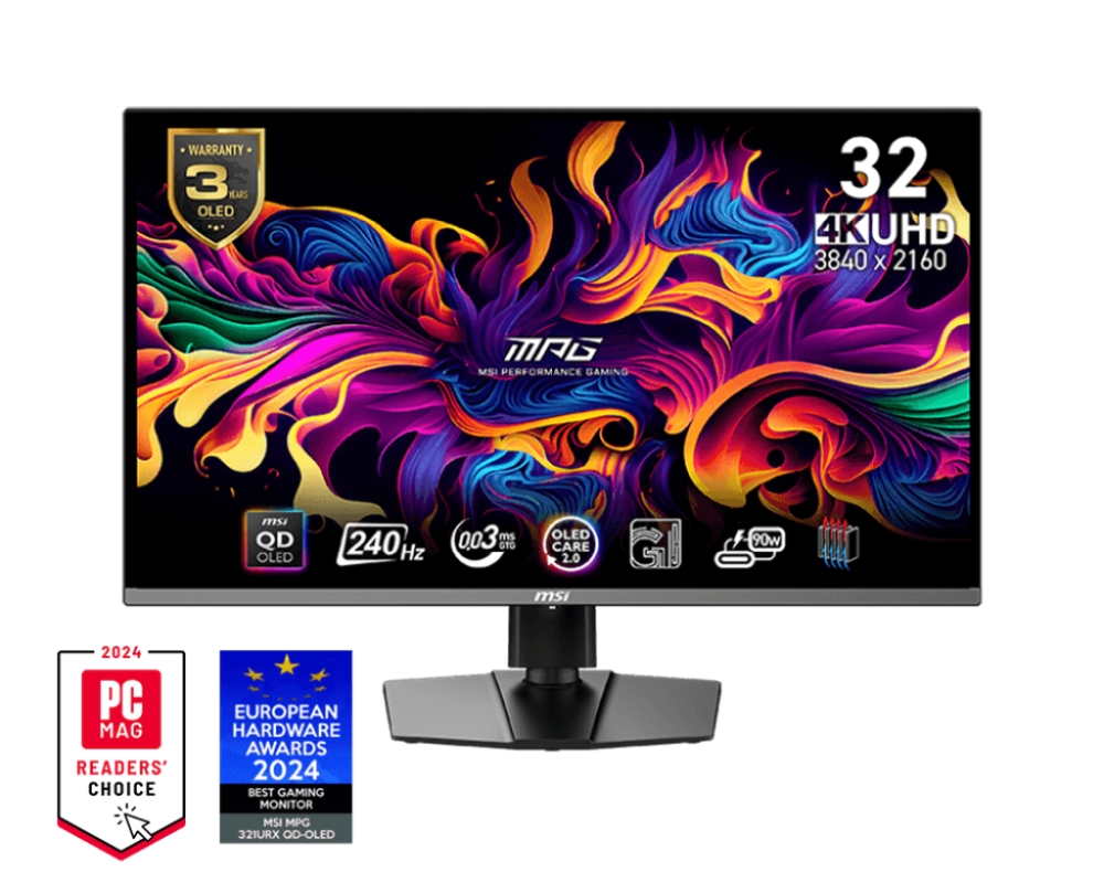 MSI MPG 321URX QD-OLED, 31.5", 240Hz, 0.03ms, UHD 3840x2160, Oled Care 2.0, Fanless Design w Graphene, ClearMR 13000, HDR True Black 400, AI VISION, 250 nits, 1500000:1, 100M;1, DP(1.4a), 2x HDMI(2.1), Type-C (DP alt. PD 90W), KVM, Adj.Stand 100mm, 9.6 k